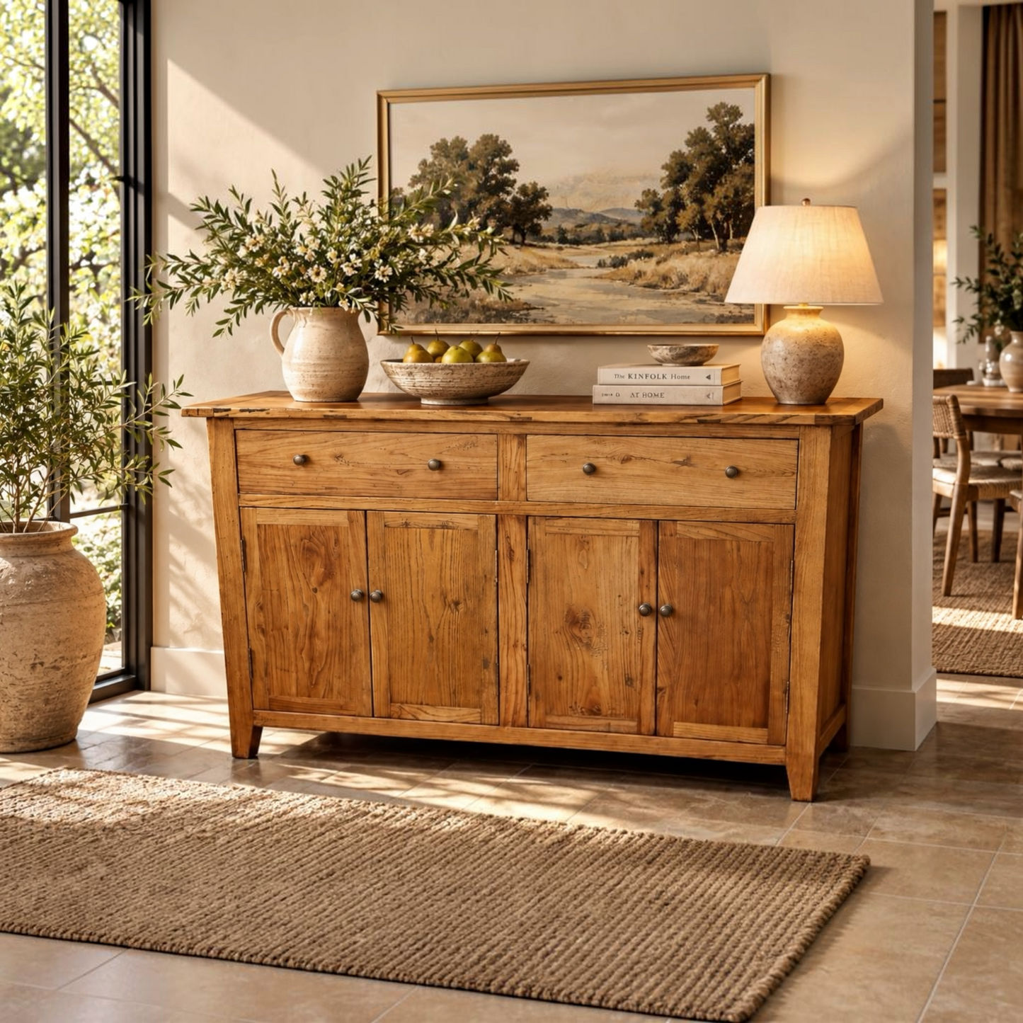 A rustic wooden sideboard or buffet table with two top drawers and two lower cabinet doors, styled in a warm, sunlit room with a lamp, books, a ceramic pitcher, and framed landscape art.