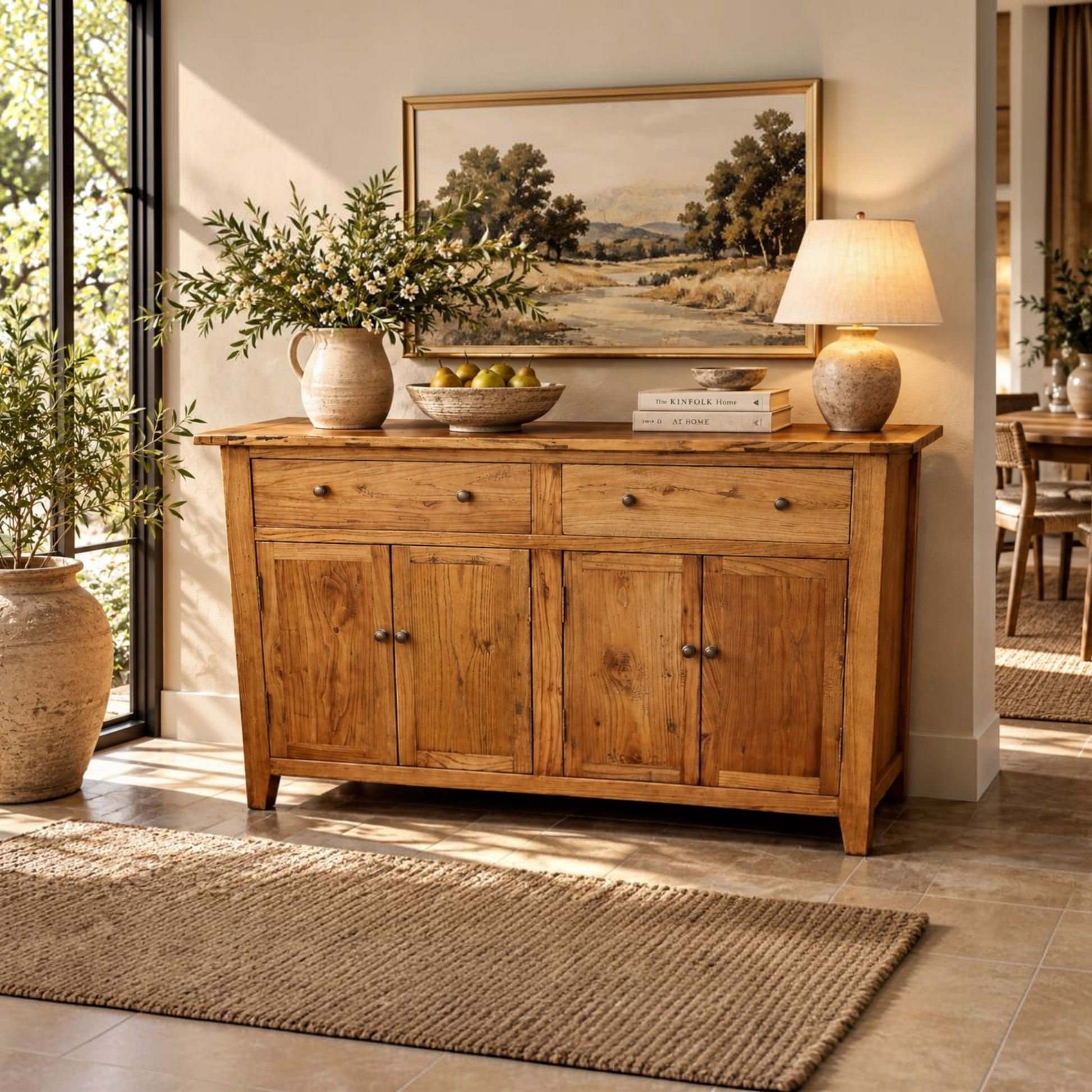A rustic wooden sideboard or buffet table with two top drawers and two lower cabinet doors, styled in a warm, sunlit room with a lamp, books, a ceramic pitcher, and framed landscape art.