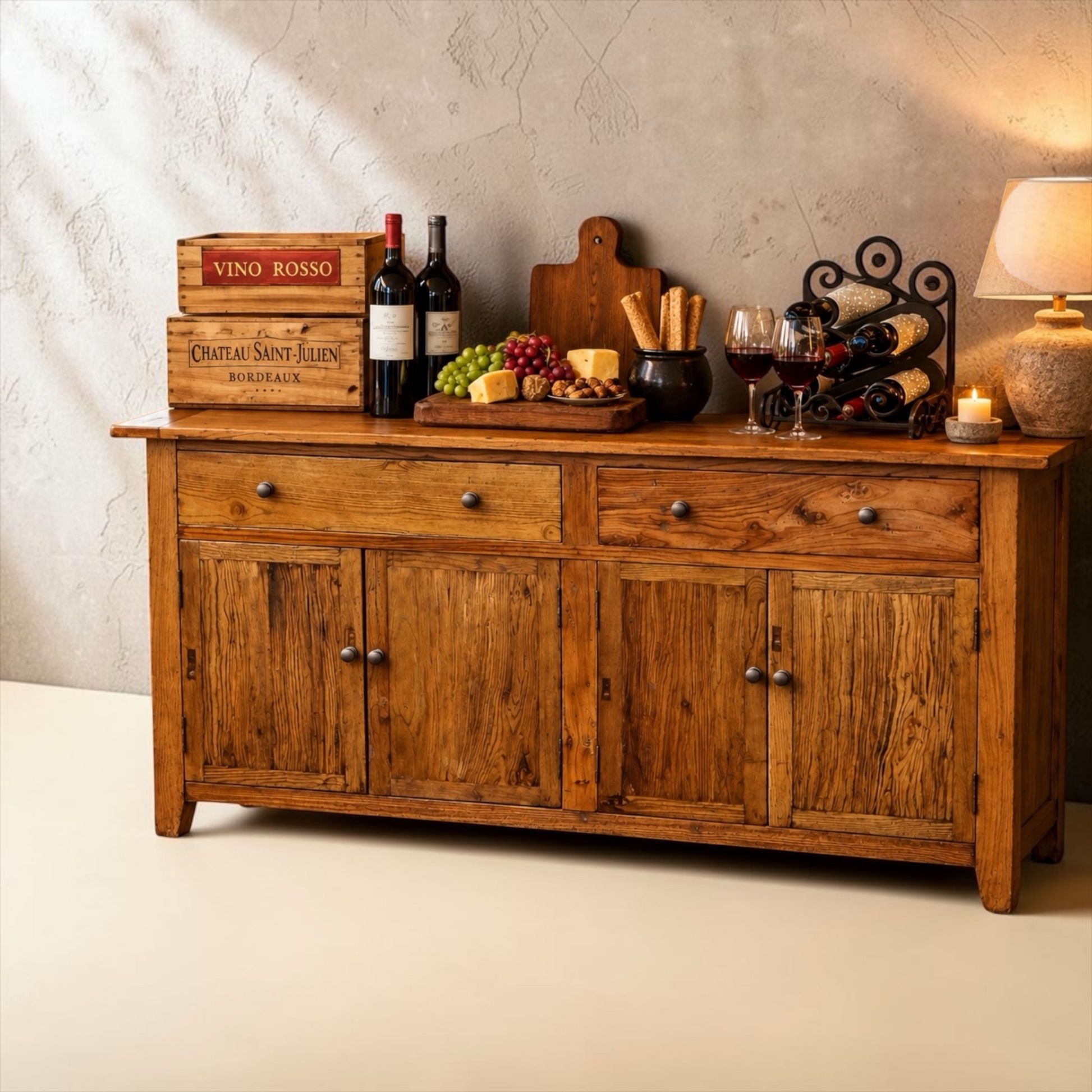A rustic wooden sideboard or buffet table with four cabinet doors and two drawers, styled with wine bottles, glasses, cheese, grapes, and a candle against a textured beige wall.