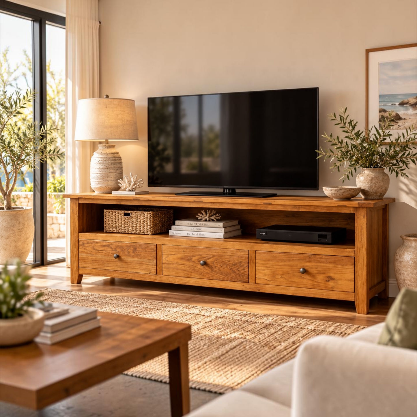 Lindi Recycled Elm Rustic Country Style 3-Drawer TV / Entertainment Unit in Honey 180cm