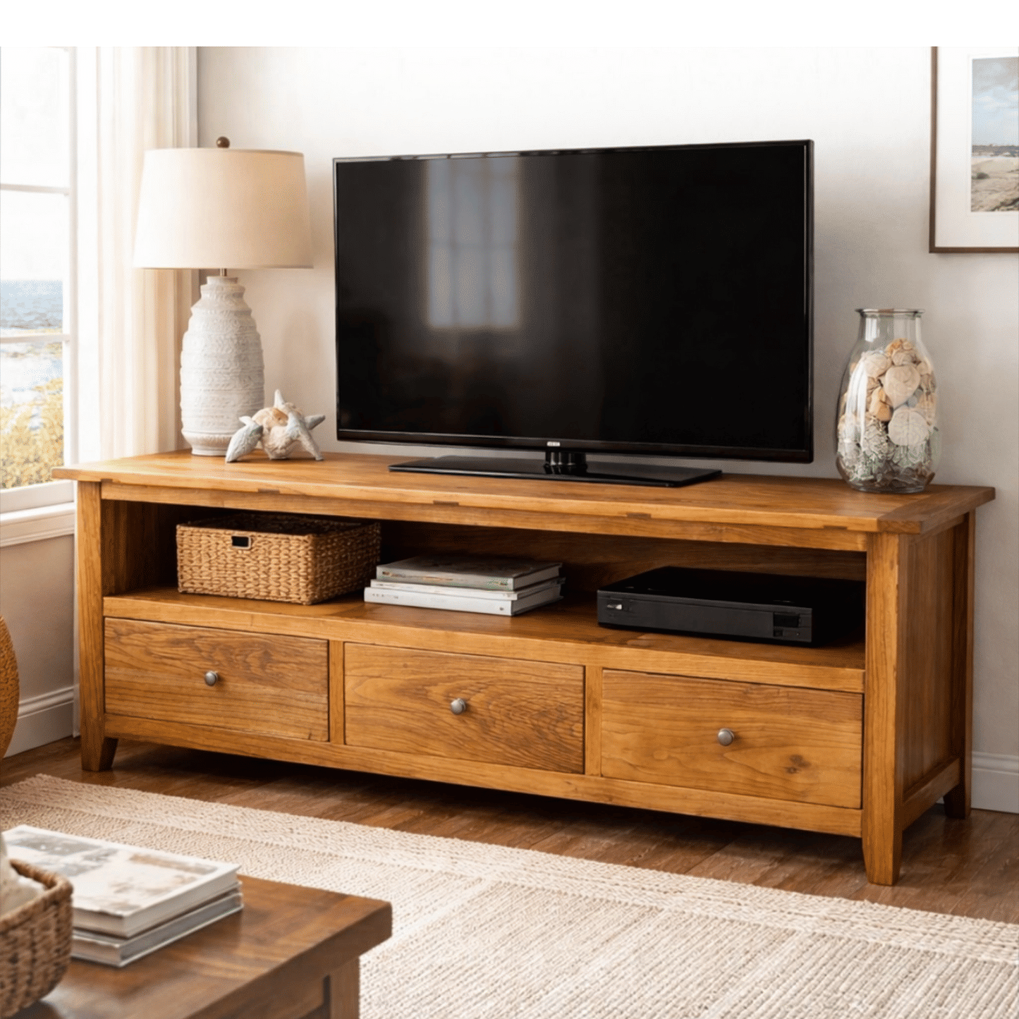 Lindi Recycled Elm Rustic Country Style 3-Drawer TV / Entertainment Unit in Honey 180cm