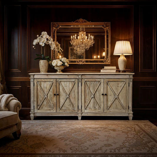 Provenz Recycled Elm Rustic 4-Door Buffet / Sideboard 165cm in a dark timber-panelled room with gilt mirror and lamp