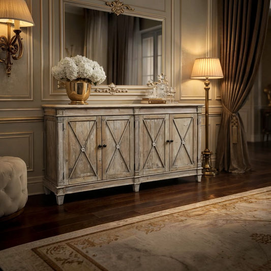 Provenz Recycled Elm Rustic 4-Door Buffet / Sideboard 165cm angled view in a classic room with floor lamp