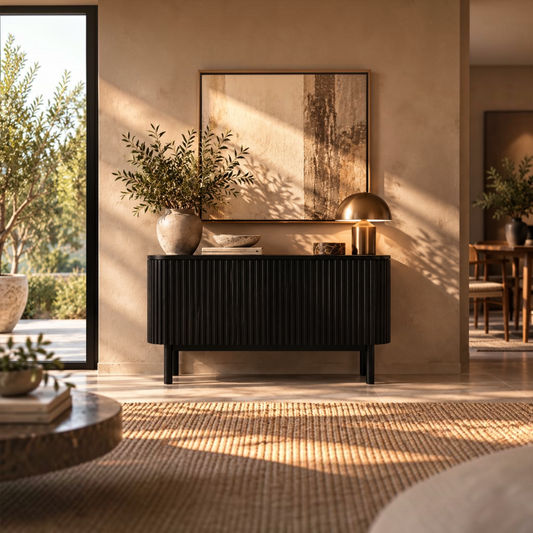 A modern black ribbed console table in a warm, sunlit room, styled with a ceramic vase of greenery, a brass table lamp, and a large framed abstract print on a beige wall.