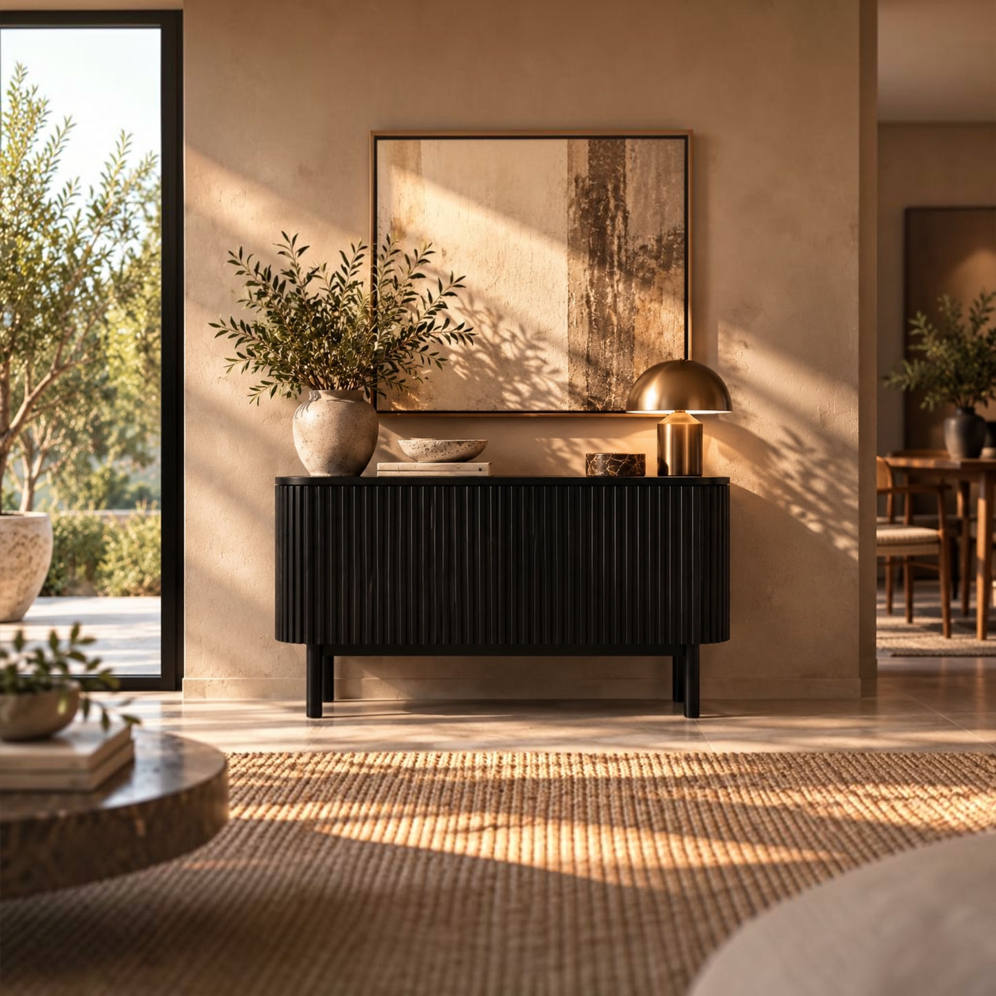 A modern black ribbed console table in a warm, sunlit room, styled with a ceramic vase of greenery, a brass table lamp, and a large framed abstract print on a beige wall.