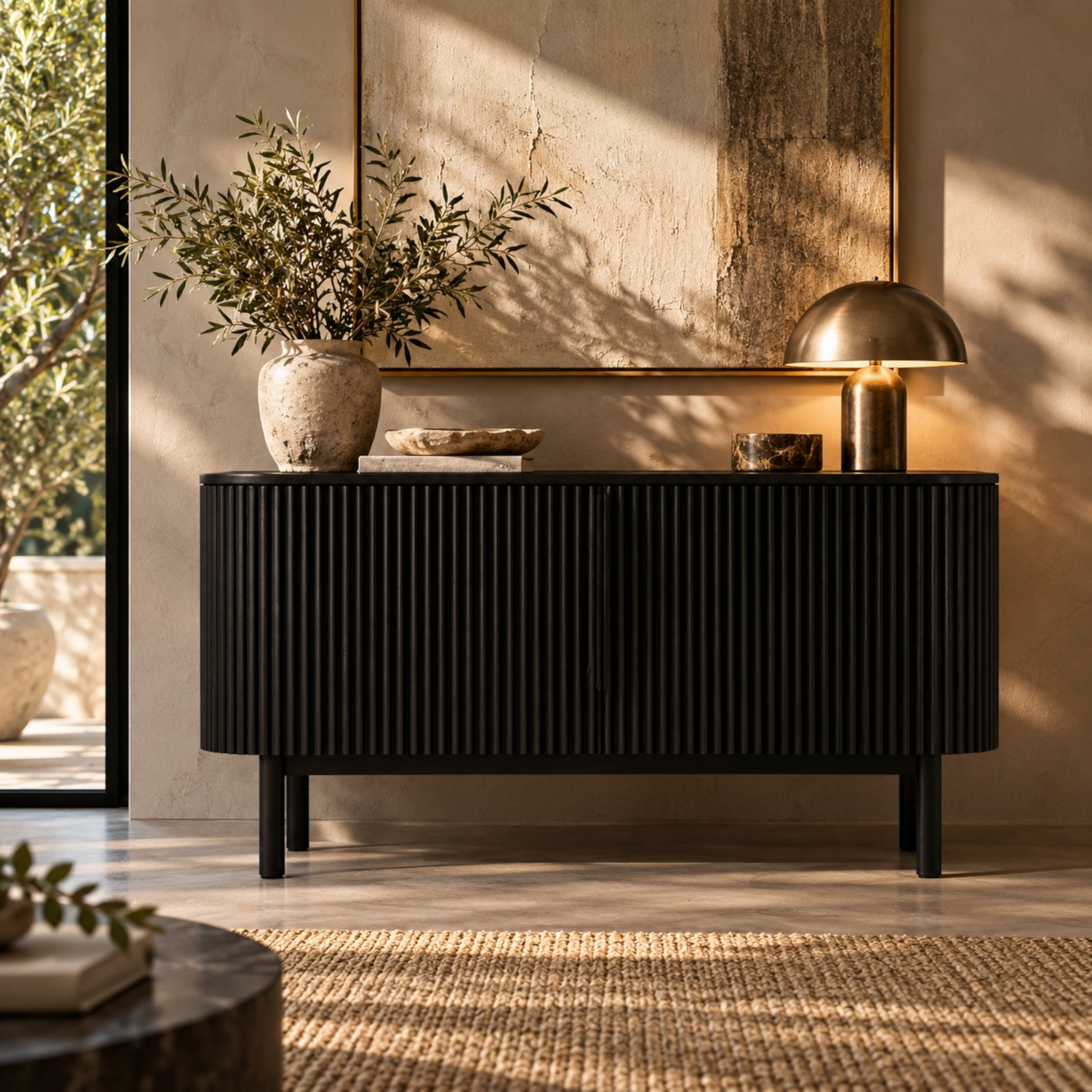 A modern black ribbed sideboard or console cabinet in a warm, sunlit room, styled with a ceramic vase of greenery, a brass dome lamp, and a small bowl.