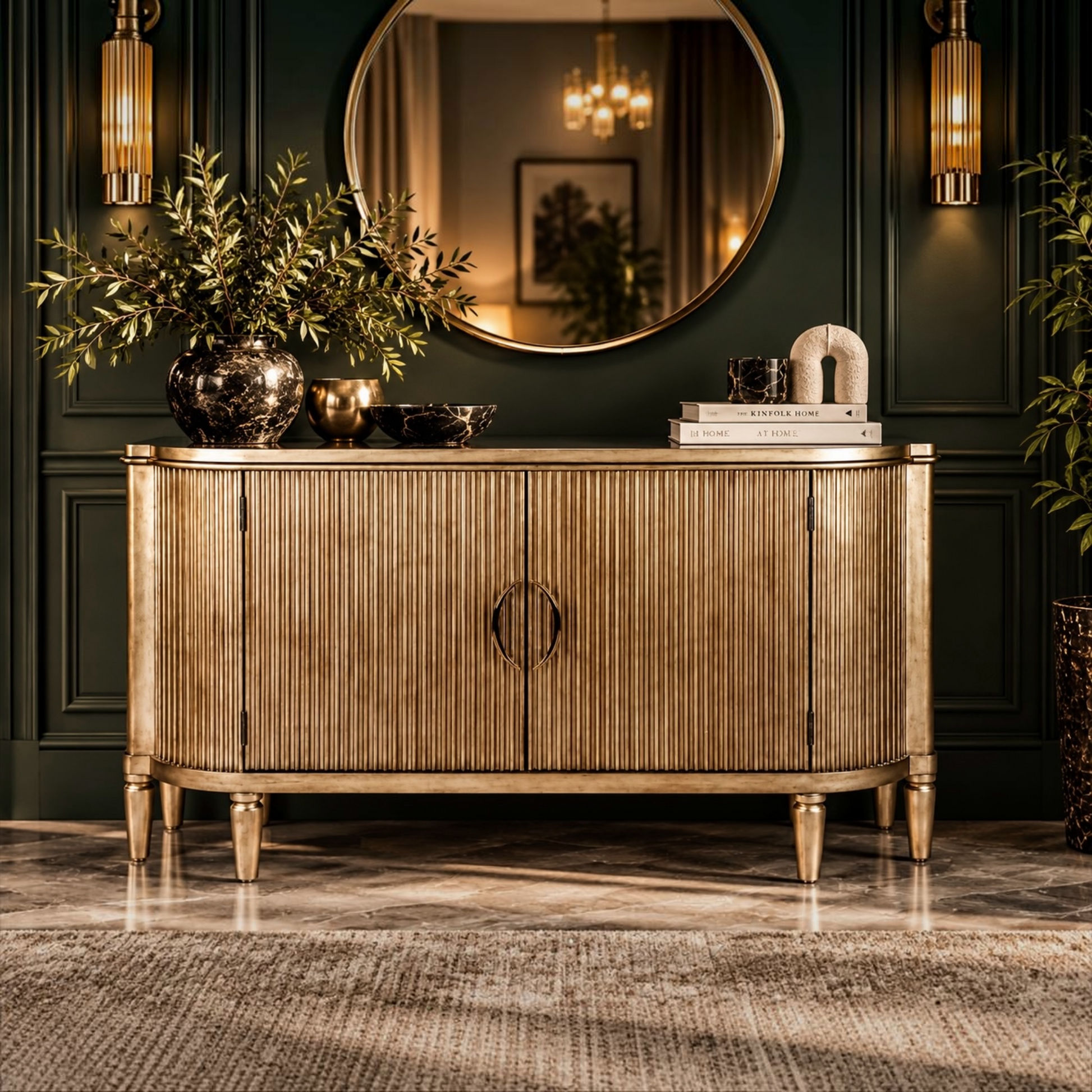 A curved sideboard cabinet with vertical fluted detailing in a warm gold finish, styled in a luxurious room with a dark green paneled wall, a large round mirror, and decorative plants.