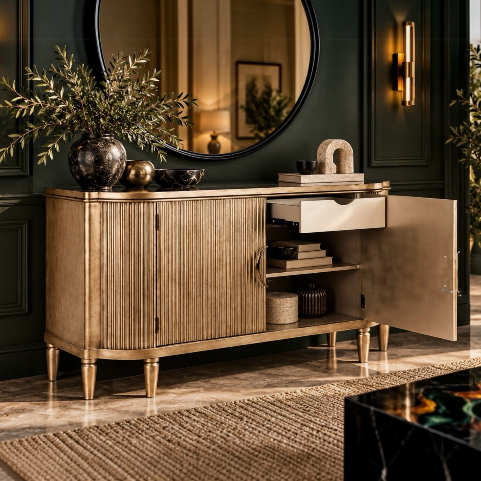 A luxurious gold-finished sideboard cabinet with fluted doors, a single open drawer, and an open side door revealing shelves, styled in an elegant room with a dark green wall, round mirror, and decorative plants.