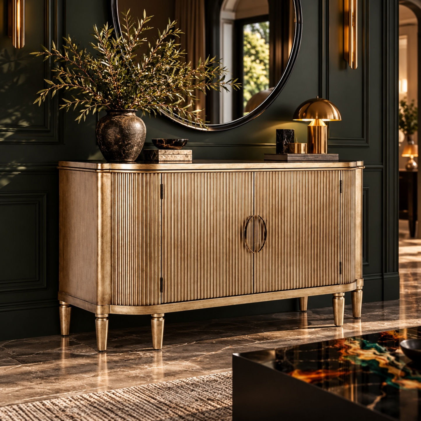 A gold-toned ribbed console cabinet in a luxurious room setting with dark green paneled walls, marble floors, a round mirror, and decorative vases and lamps.