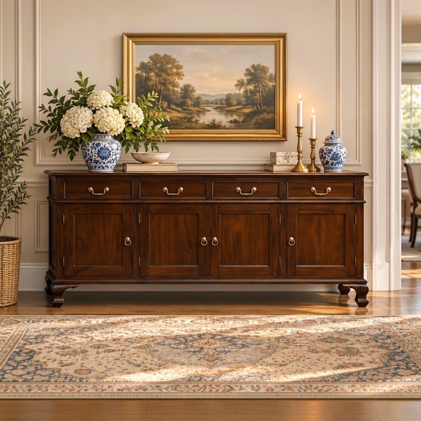 Stewart Queen Ann Style Solid Mahogany 4-Door 4-Drawer Buffet / Sideboard 200cm