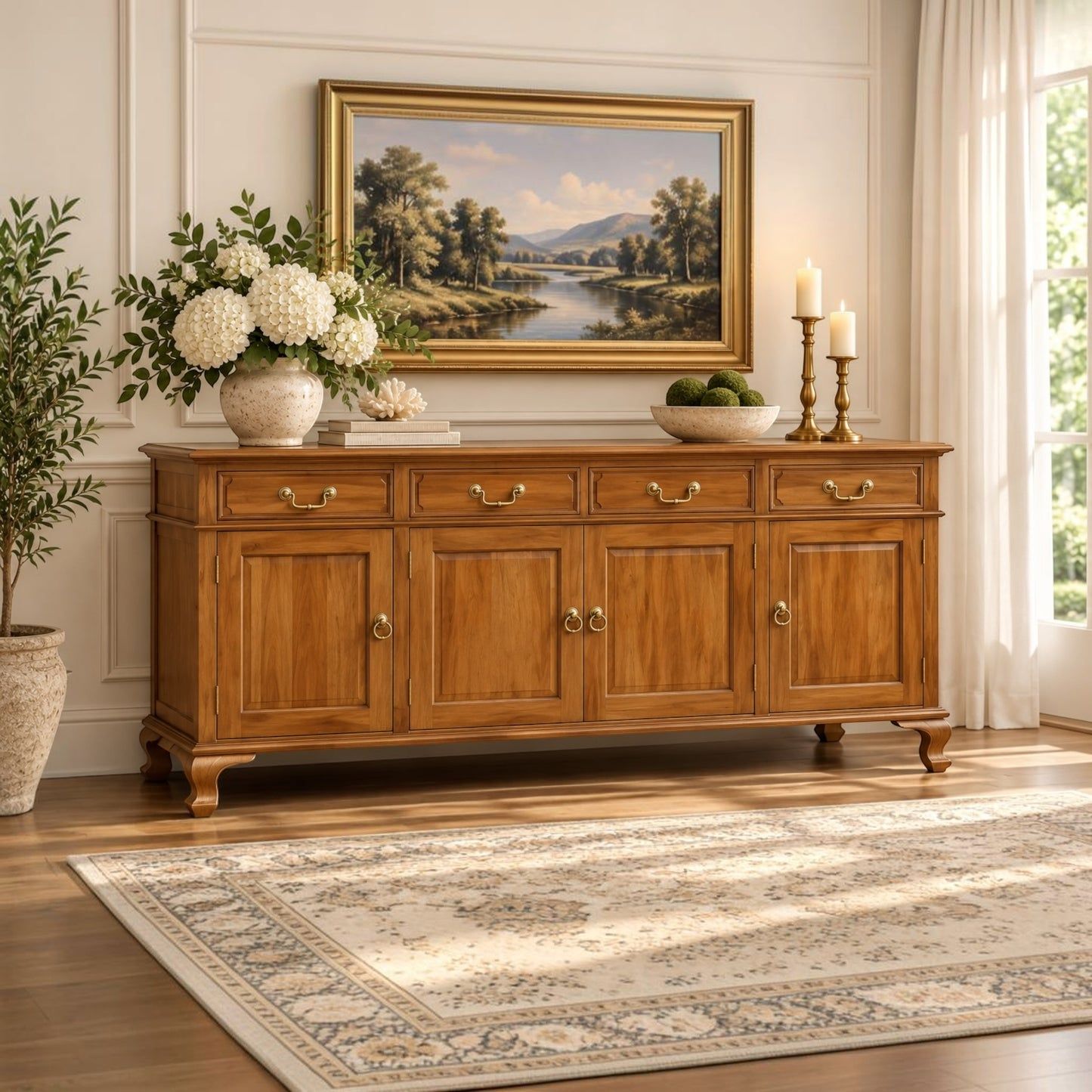 Stewart Queen Ann Style Solid Mahogany 4-Door 4-Drawer Buffet / Sideboard 200cm