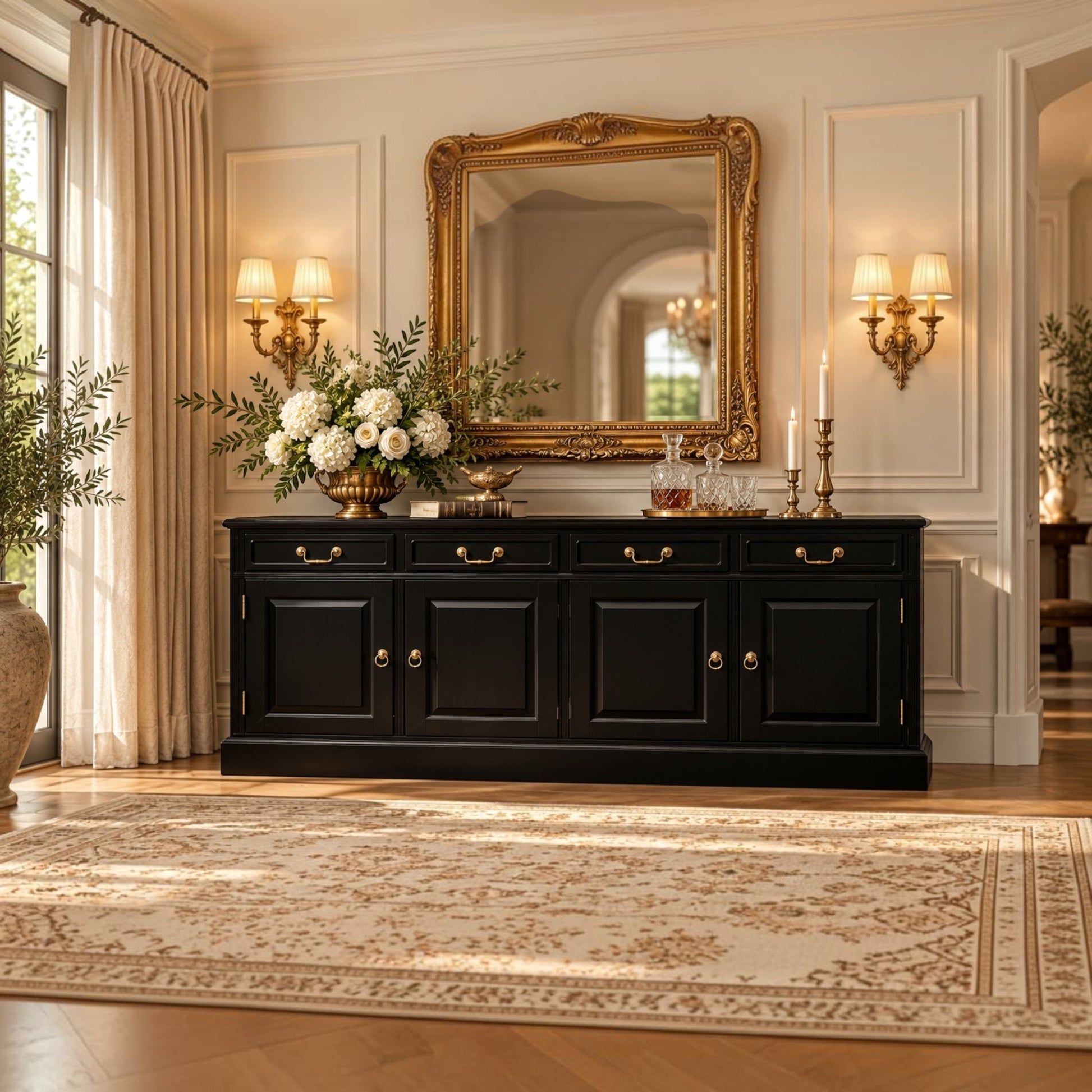 A black wooden sideboard cabinet with gold hardware, styled in a bright, elegant room with a large gold-framed mirror, wall sconces, a floral arrangement, and a patterned rug.