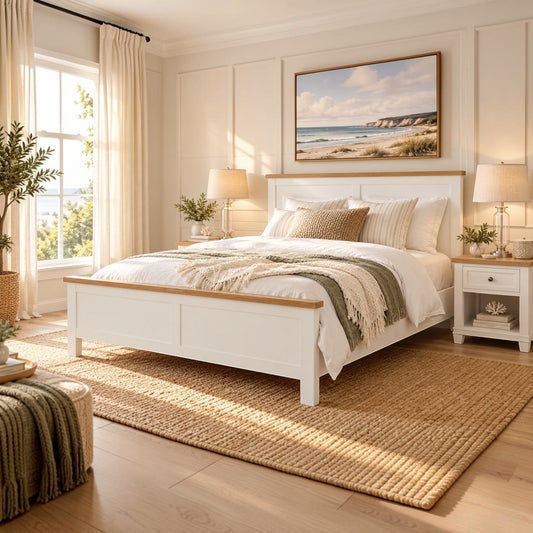 A bright, modern bedroom featuring a white wooden bed frame with natural oak trim, dressed in white linens and a green-beige throw blanket. The bed is styled with neutral pillows, flanked by matching white nightstands with lit lamps.