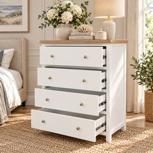 A white five-drawer dresser with a light wood top and small round metallic knobs, shown in a styled bedroom setting with one drawer open. The dresser is topped with a vase of white flowers, a lamp, and decorative items.