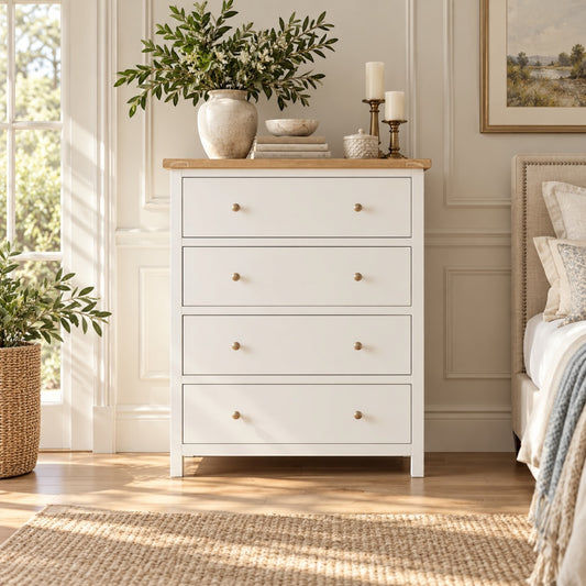 A white four-drawer chest of drawers with a light wood top and small brass knobs, styled in a bright bedroom setting next to a bed and window.
