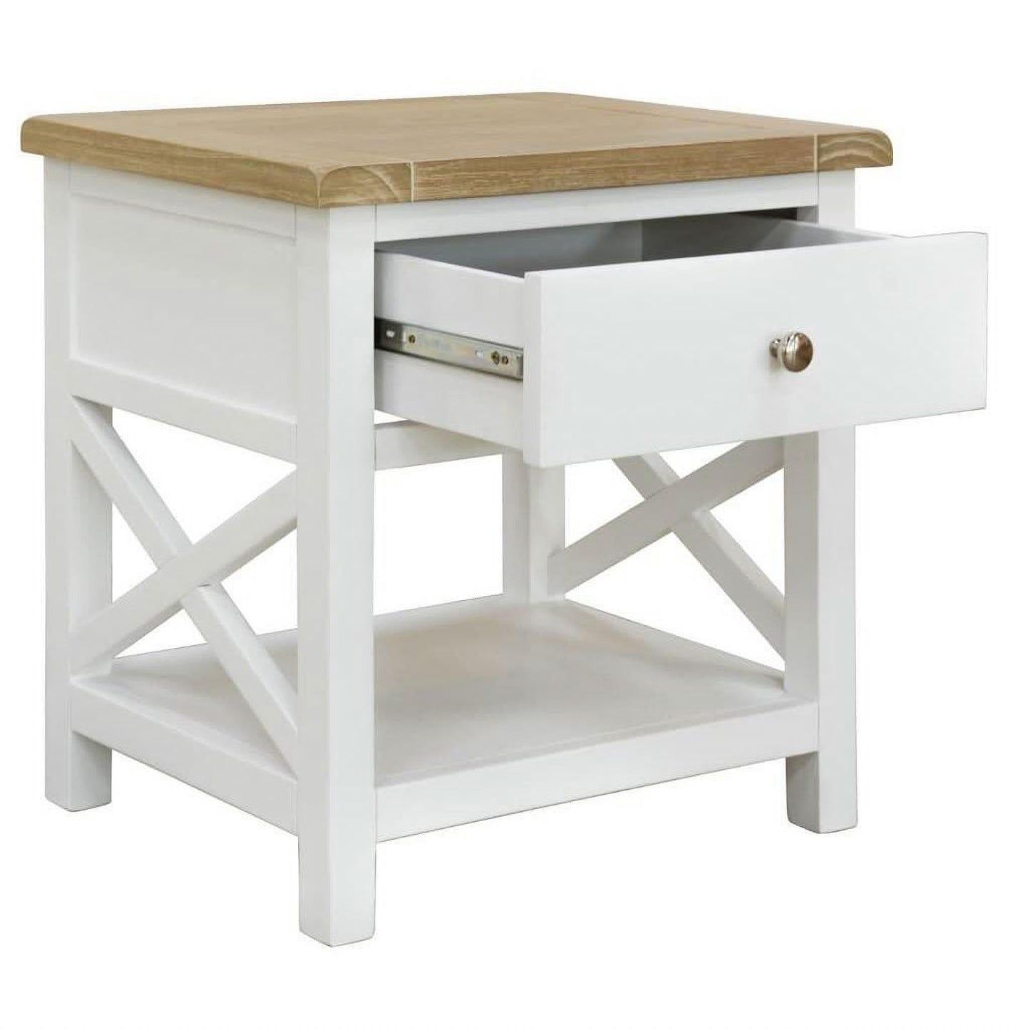White side table with a wooden top on a white background