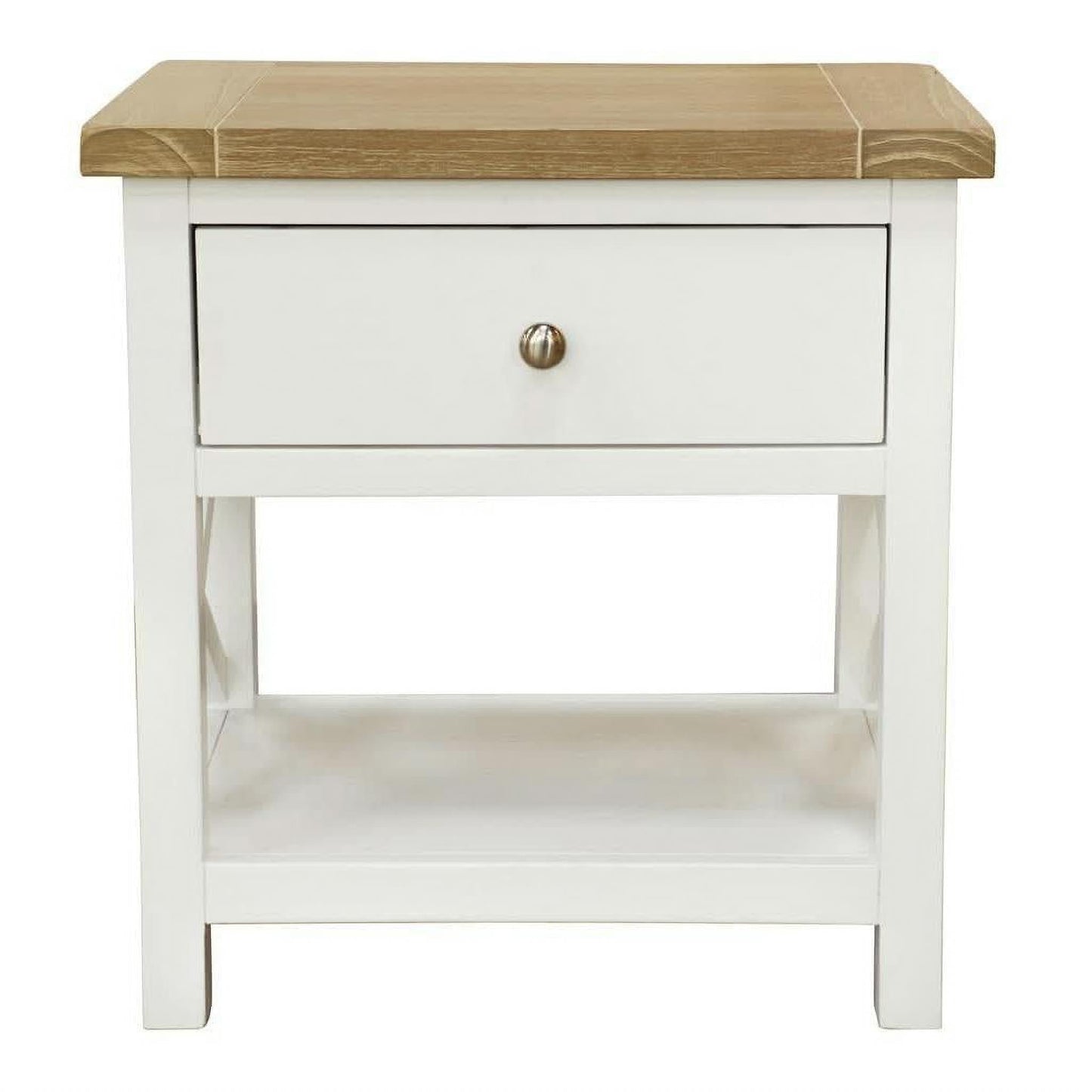 A small white nightstand with a light natural wood top, a single drawer with a round metallic knob, and an open lower shelf, shown on a plain white background.