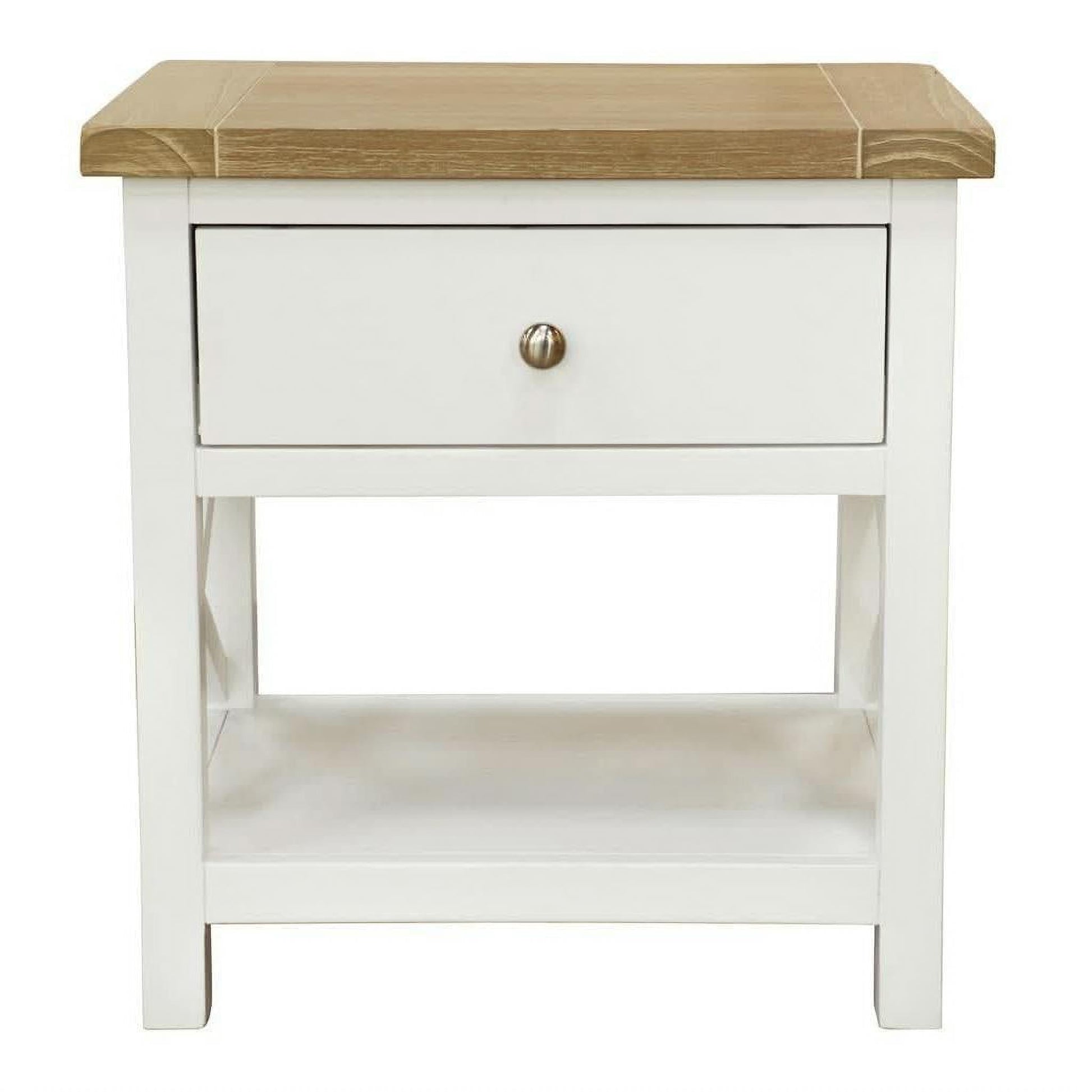 A small white nightstand with a light natural wood top, a single drawer with a round metallic knob, and an open lower shelf, shown on a plain white background.