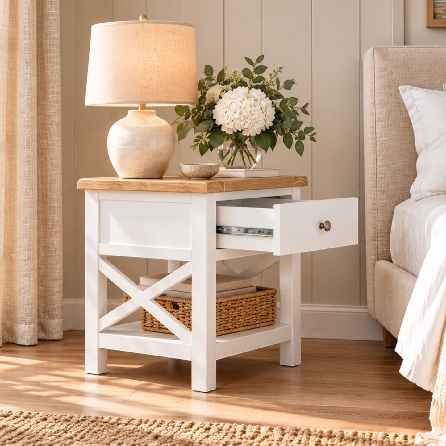 Christa Hampton Solid Acacia 1-Drawer Bedside Table in Light Oak & White
