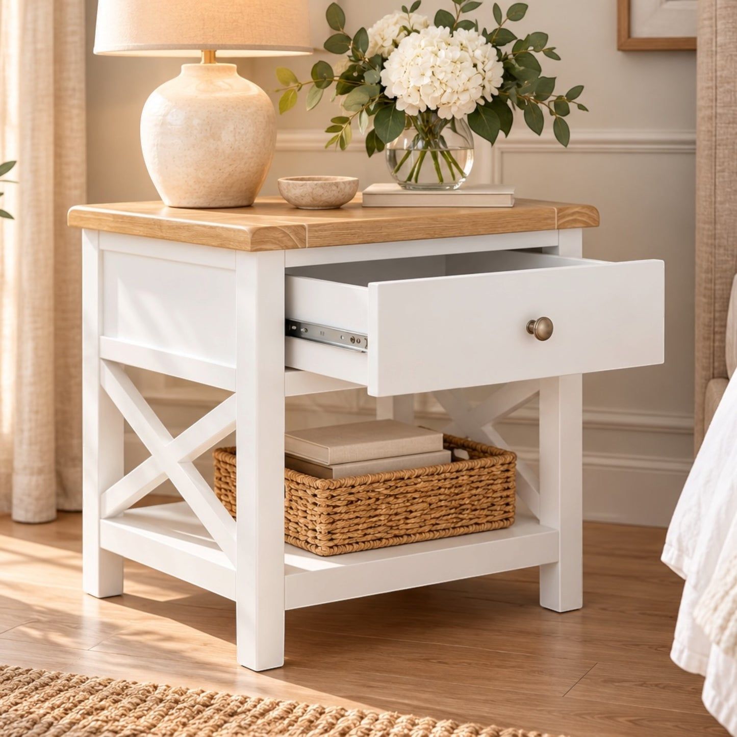 Christa Hampton Solid Acacia 1-Drawer Bedside Table in Light Oak & White