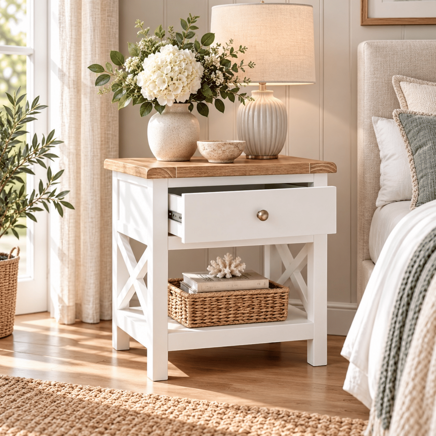 A white wooden nightstand with a light oak top, styled in a bright bedroom with a vase of white flowers, a ceramic table lamp, and a woven basket on the shelf.