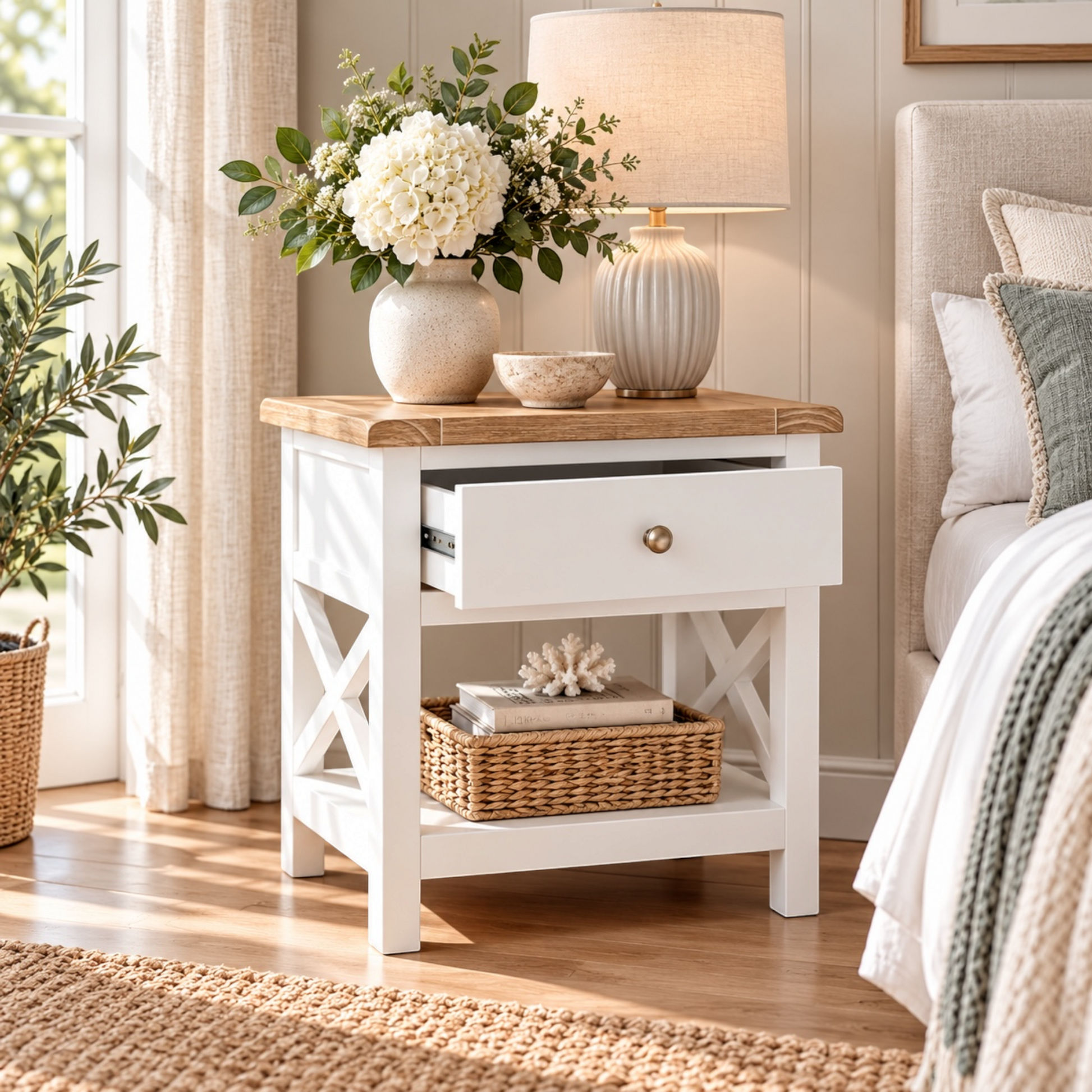 A white wooden nightstand with a light oak top, styled in a bright bedroom with a vase of white flowers, a ceramic table lamp, and a woven basket on the shelf.
