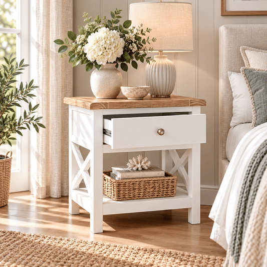 A white wooden nightstand with a light oak top, styled in a bright bedroom with a vase of white flowers, a ceramic table lamp, and a woven basket on the shelf.