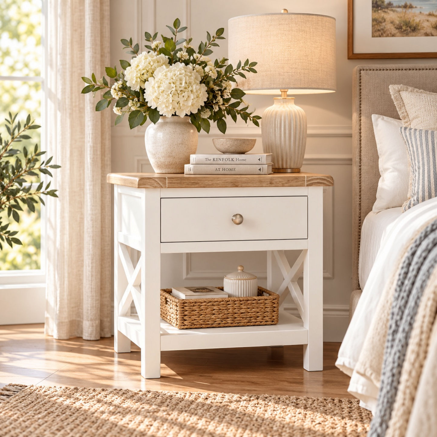 A white nightstand with a light wood top, featuring a single drawer with a round knob and an open lower shelf with crisscross legs. The nightstand is styled in a bedroom setting with a lamp, a vase of white flowers, books, and a woven basket on top and inside the shelf.