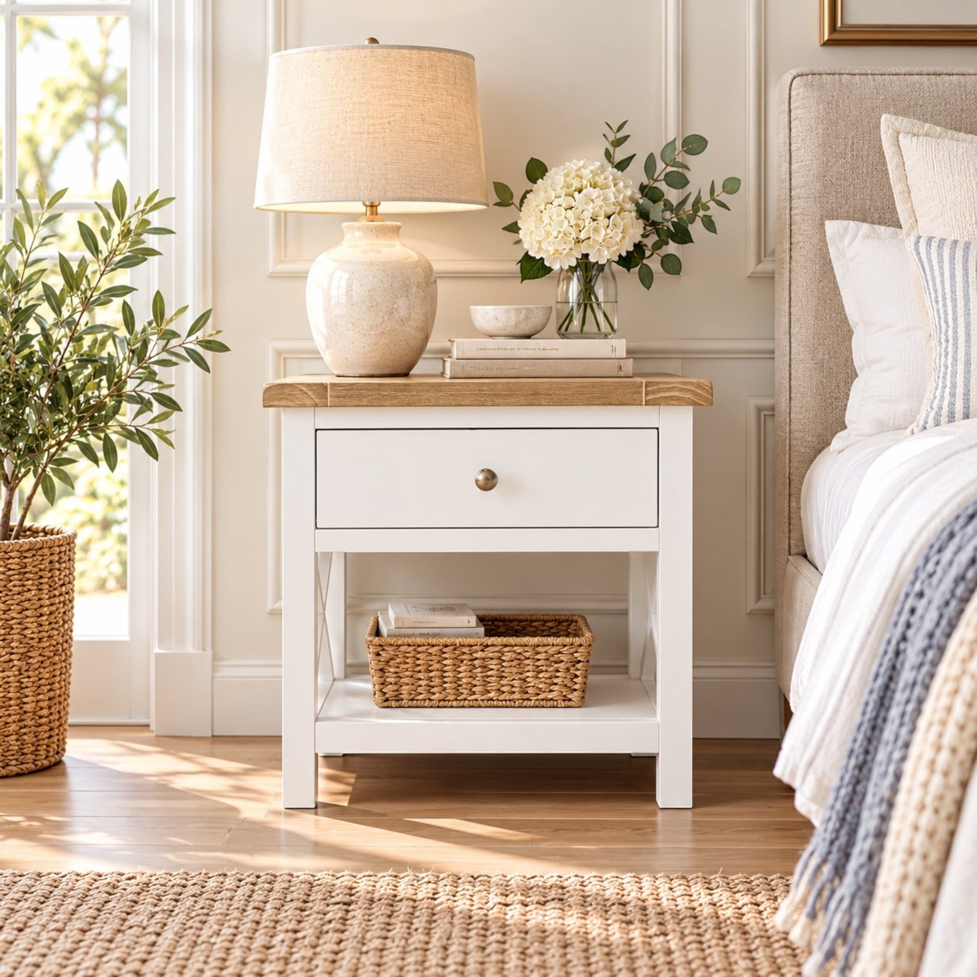 A white nightstand with a light wood top, featuring a single drawer with a round brass knob and an open lower shelf holding a woven basket. The nightstand is styled in a bedroom setting next to a bed with white linens, a beige upholstered headboard, a table lamp, and a vase of white flowers.