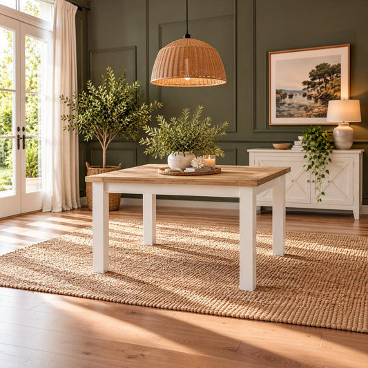 A rectangular dining table with a light natural wood top and white legs, styled in a bright, modern dining room with a woven jute rug, green paneled walls, and a wicker pendant light.