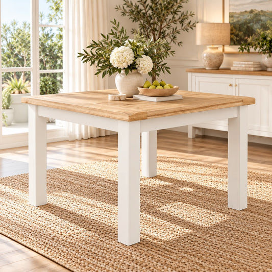 A square wooden dining table with a light natural oak top and white painted legs, styled in a bright, sunlit room with a vase of flowers and a bowl of green apples on top.