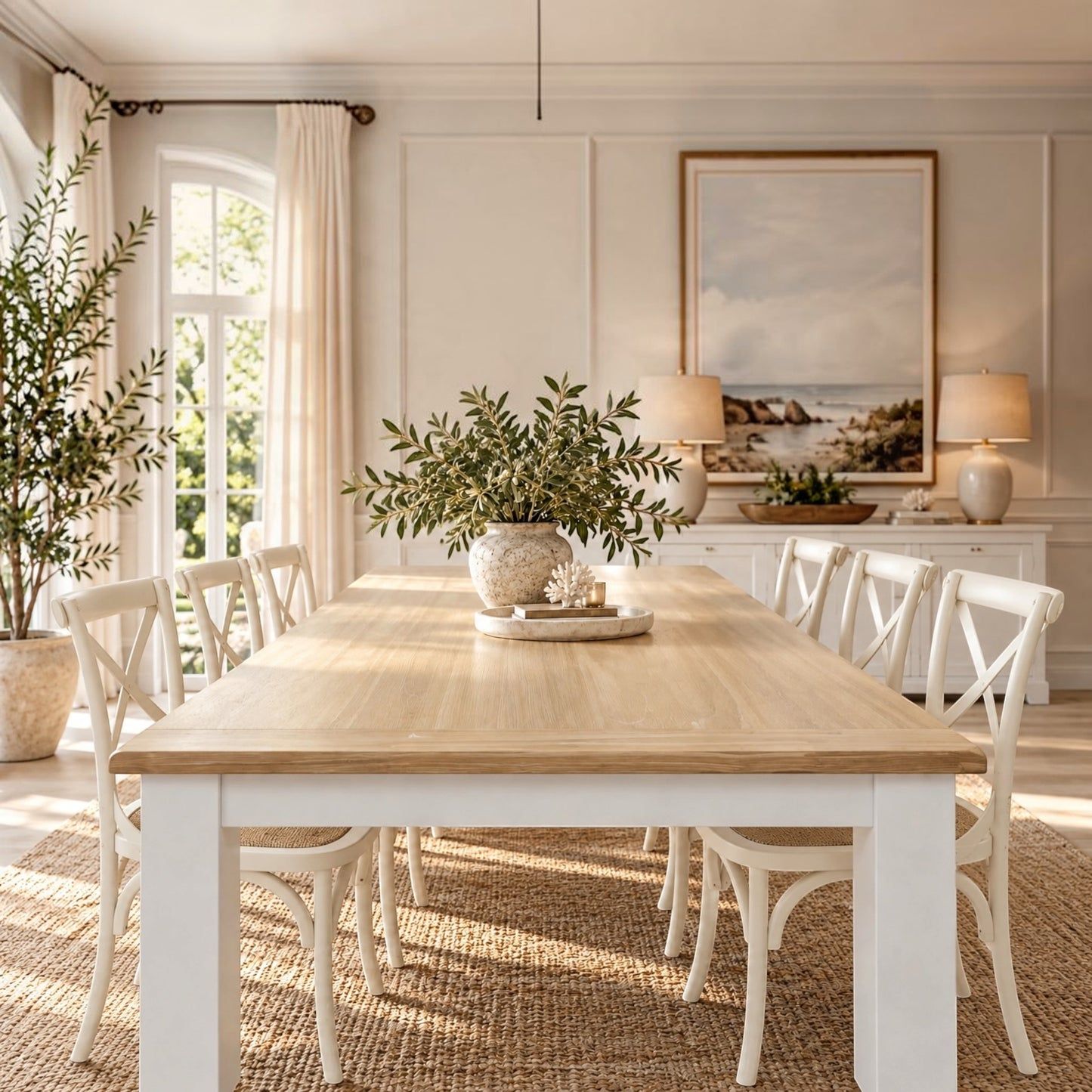 A long dining table with a light natural wood top and white legs, surrounded by white dining chairs in a bright, neutral-toned dining room. A potted olive tree sits on the table, and the room features cream walls, a framed landscape print, and warm natural light from a window.