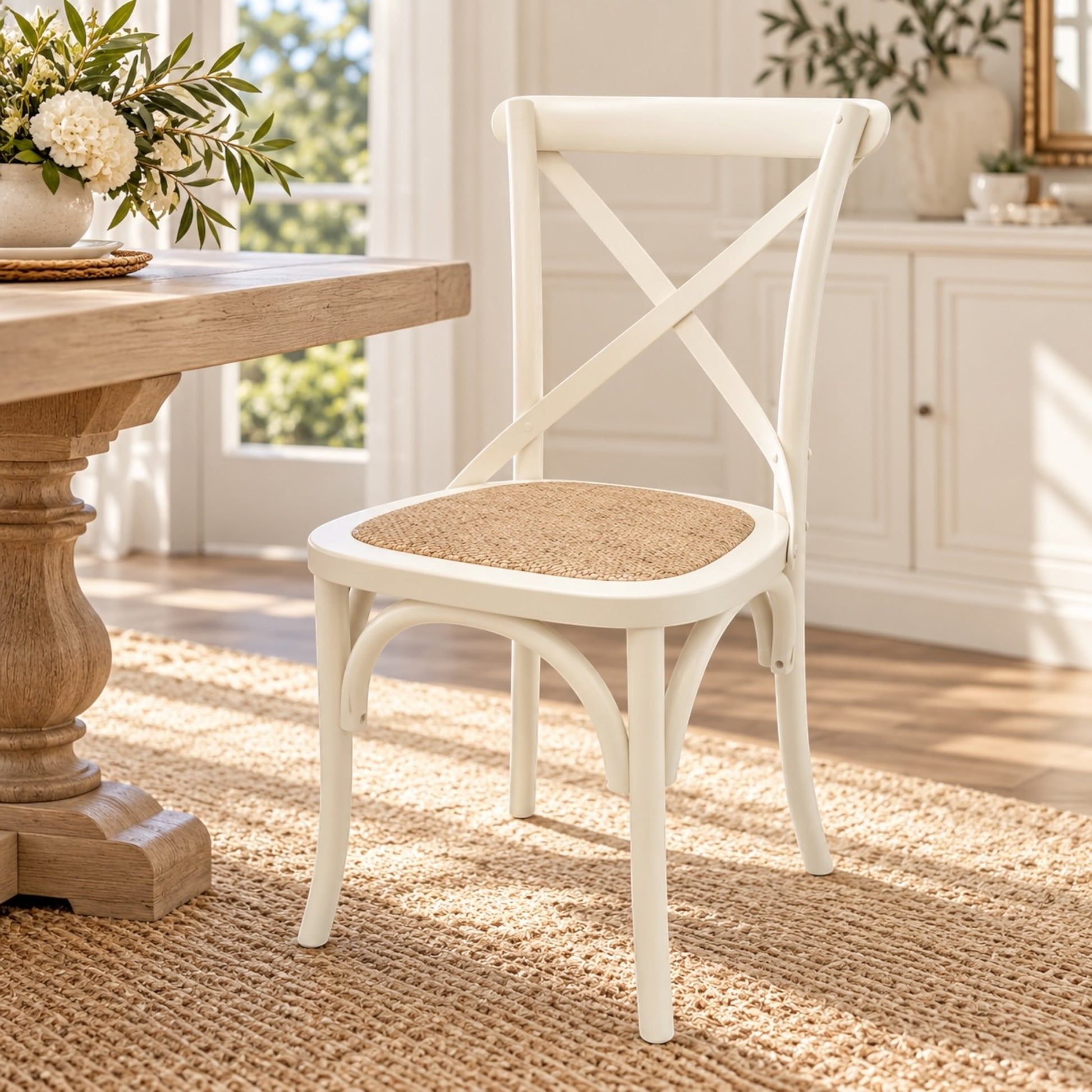 A white wooden dining chair with a woven natural-fiber seat, positioned next to a rustic wooden table in a bright, sunlit room with a jute rug.