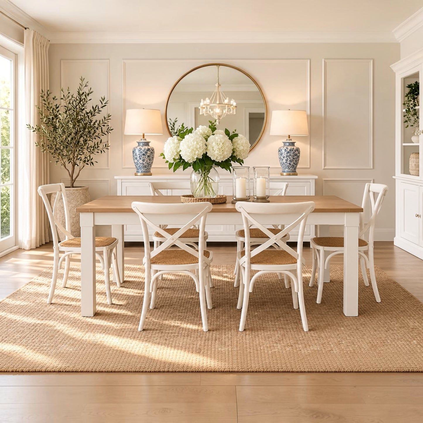 A dining room scene showing a white dining table with six matching white chairs, set on a woven jute rug in a bright, neutral-toned room with a round mirror, lamps, and floral centerpiece.
