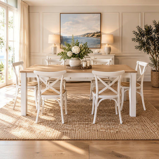 A white wooden dining table with six matching white chairs in a bright, modern dining room setting. The room features a large woven jute rug, wood floors, wall paneling, and a framed landscape painting above a console table.