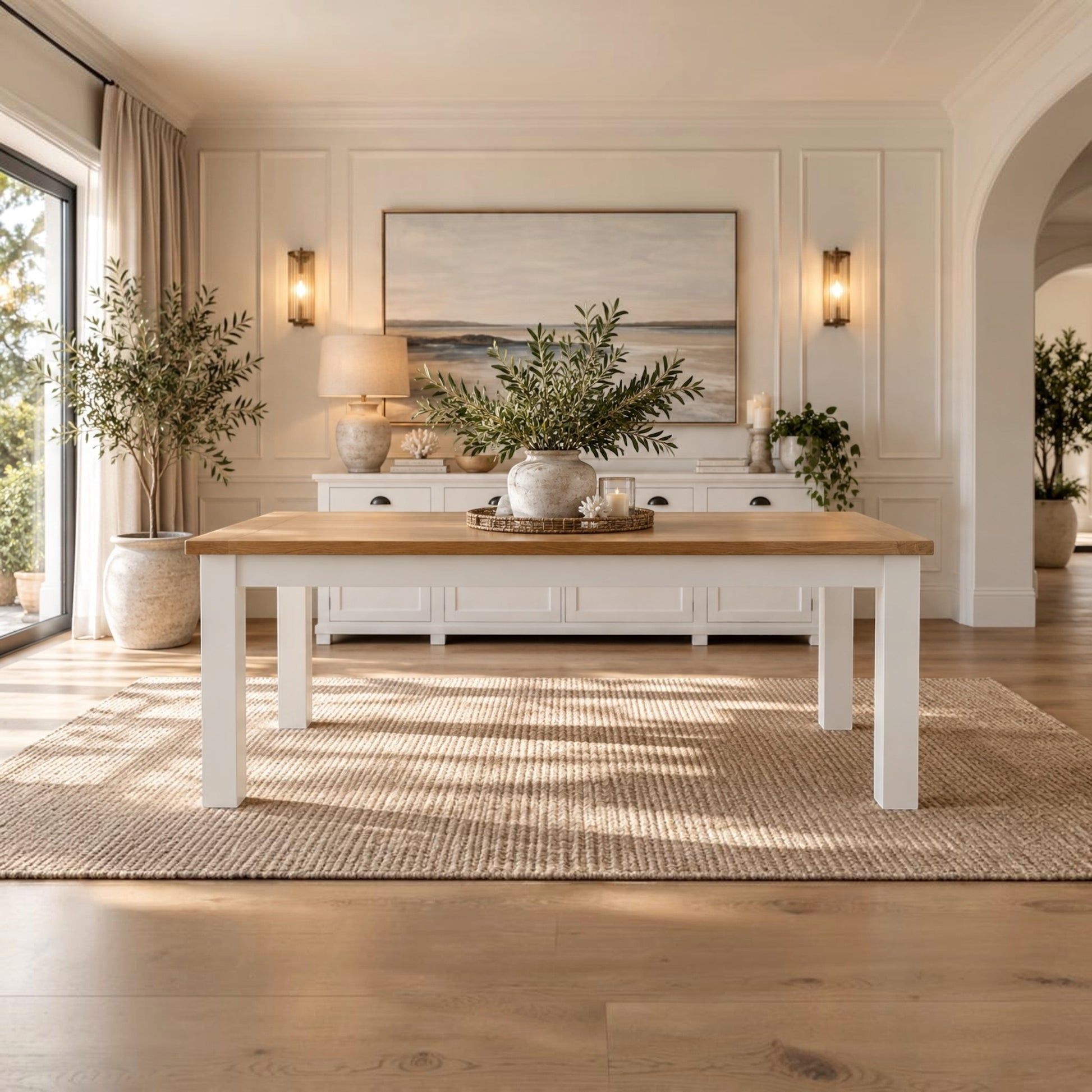 A white dining table with a light wood top is centered in a bright, modern dining room with a woven jute rug, wooden floors, and wall sconces.