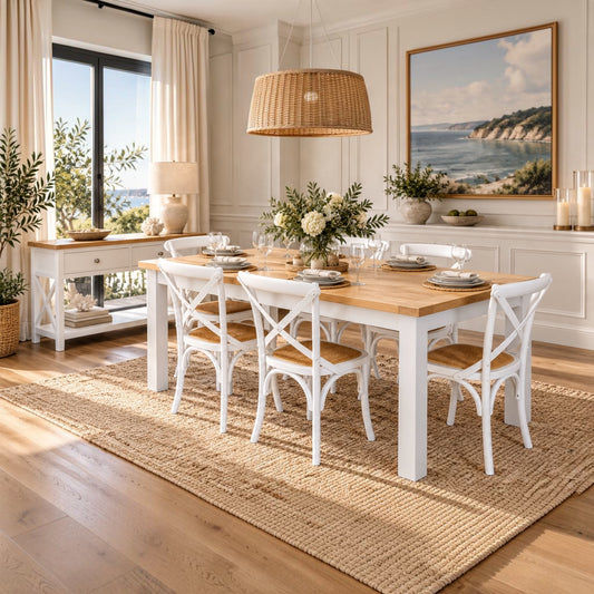 A dining room scene showing a rectangular wooden dining table with six white chairs, set on a large woven jute rug in a bright, coastal-themed room with a window, sideboard, and a framed ocean landscape painting on the wall.