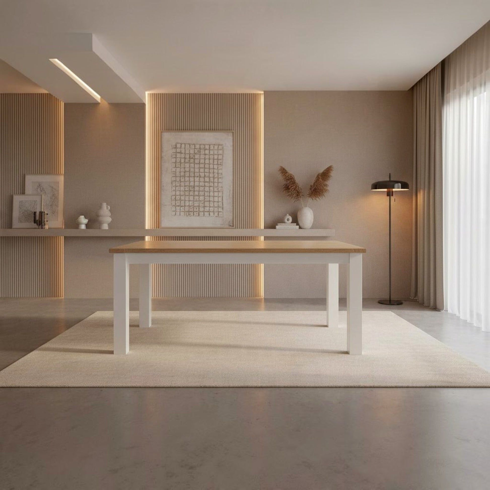 A modern rectangular dining table with a light wood top and white legs, set on a cream rug in a minimalist, warm-toned dining room.