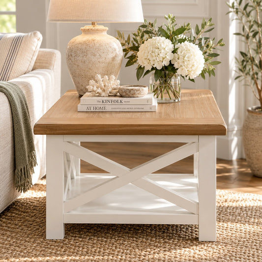 A rustic farmhouse-style coffee table with a light brown wood top and a white painted frame featuring an X-shaped leg support and lower shelf, styled in a bright living room next to a sofa.