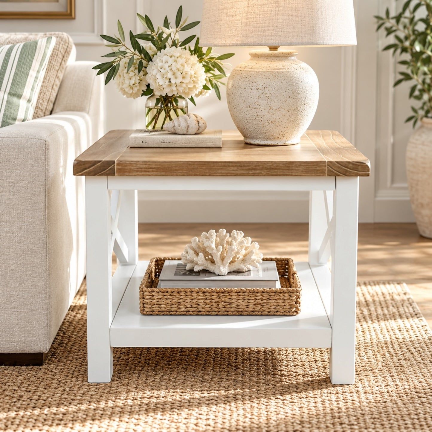 A white wooden end table with a natural wood top, styled in a bright living room with a lamp, flowers, and a woven tray on the shelf.