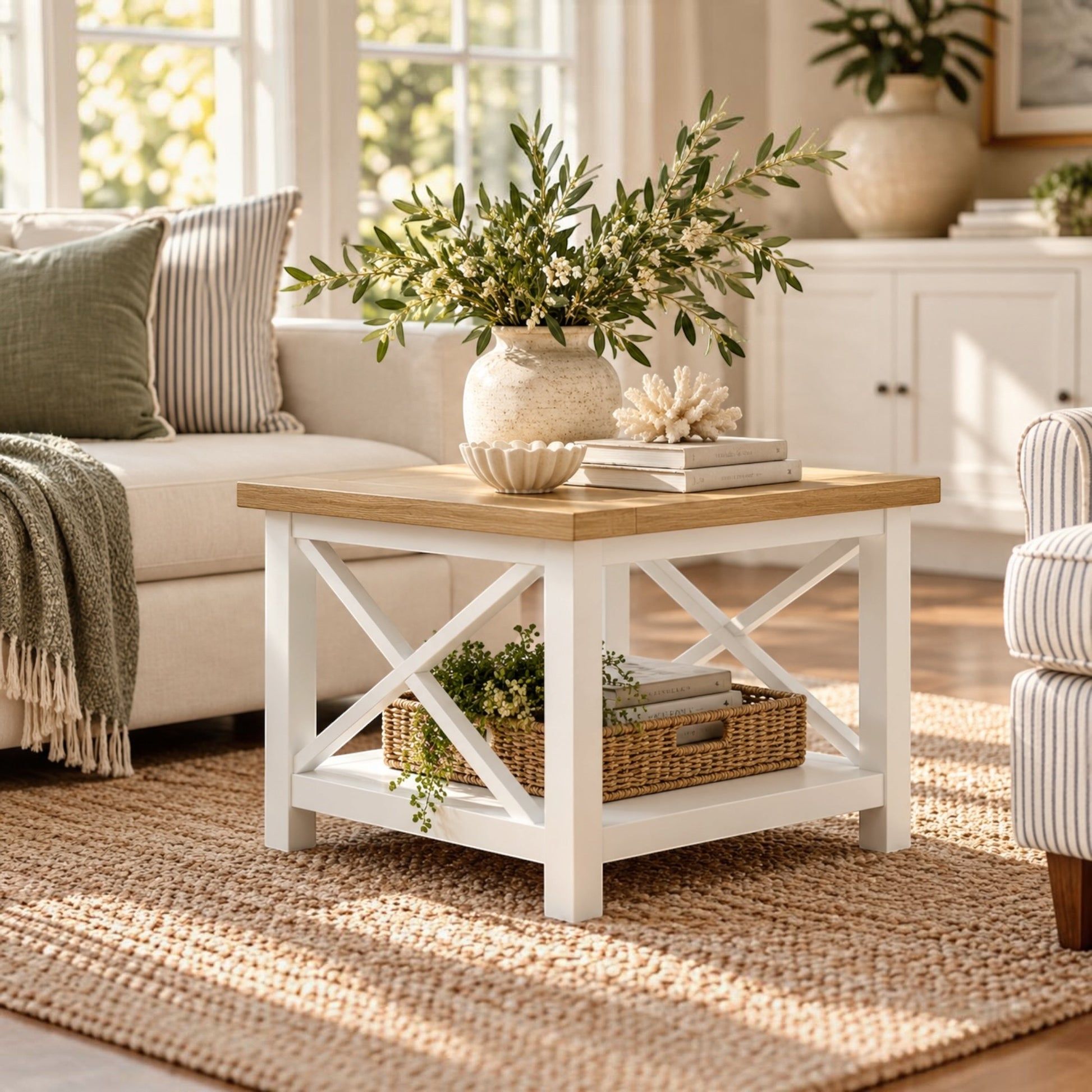 A white and light wood coffee table styled in a bright living room with a woven rug, sofa, and decorative items on top.