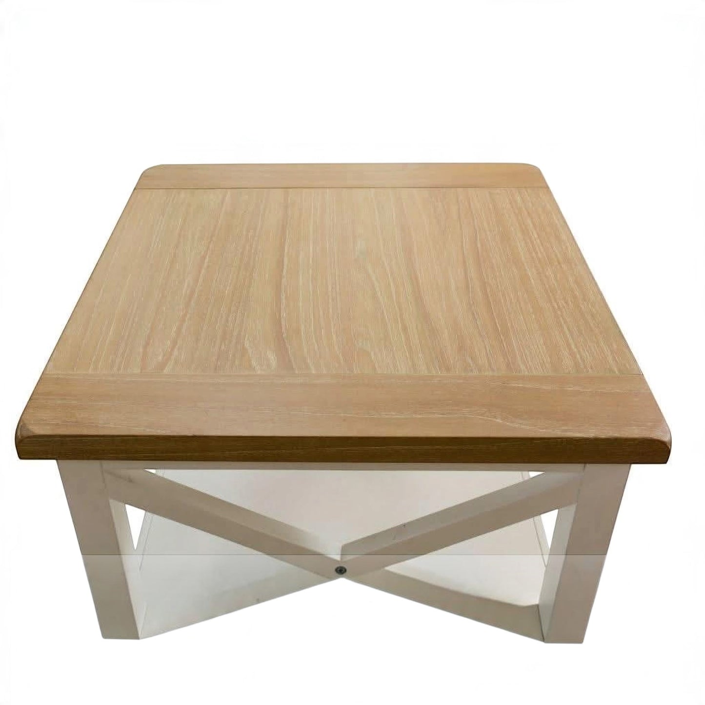 A square wooden coffee table with a light oak tabletop and a white painted frame featuring an X-shaped base, shown against a plain white background.