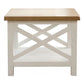 A small wooden end table with a white painted frame featuring an X-shaped support design on the front and a natural light wood top, shown against a plain white background.