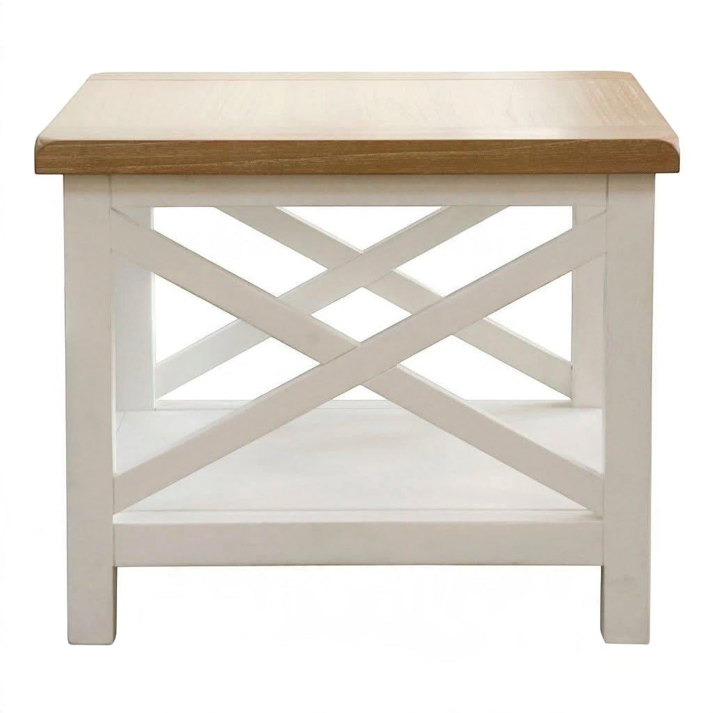 A small wooden end table with a white painted frame featuring an X-shaped support design on the front and a natural light wood top, shown against a plain white background.