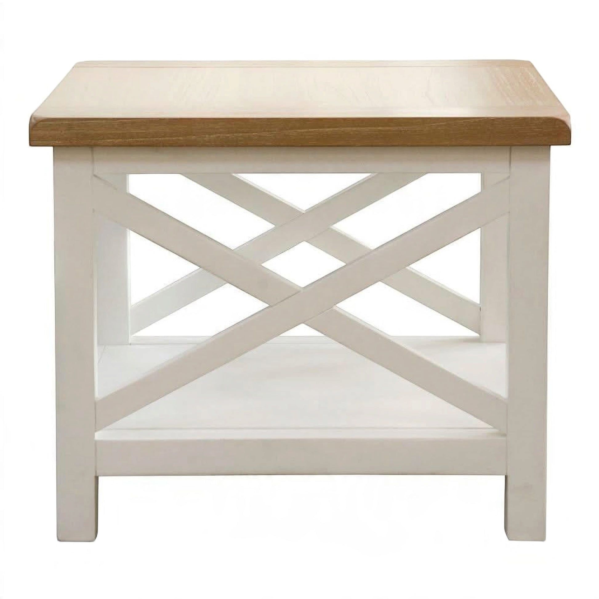 A small wooden end table with a white painted frame featuring an X-shaped support design on the front and a natural light wood top, shown against a plain white background.