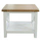 A square side table with a light natural wood top and a white painted frame, featuring an open lower shelf, shown against a plain white background.