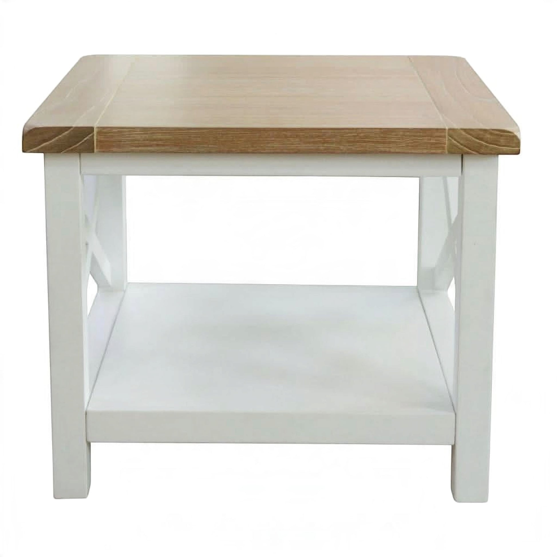 A square side table with a light natural wood top and a white painted frame, featuring an open lower shelf, shown against a plain white background.