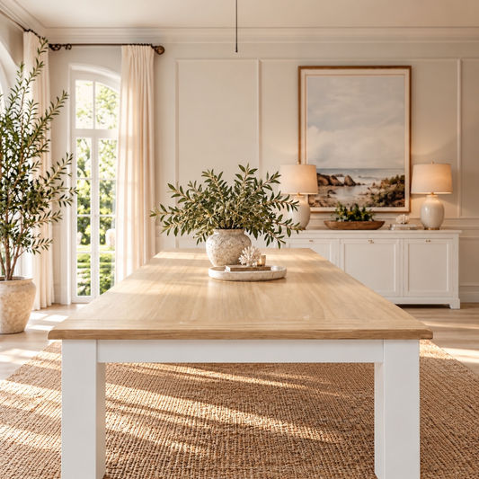 A bright, modern dining room featuring a light wood and white table in the foreground, with a large framed landscape painting on the wall, cream curtains, and a sideboard with lamps in the background.