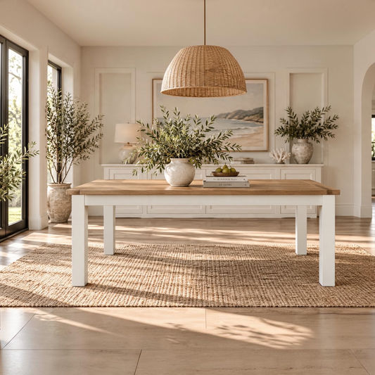 A rectangular dining table with a light natural wood top and white legs, styled in a bright, modern dining room with a woven pendant light, plants, and a large window.
