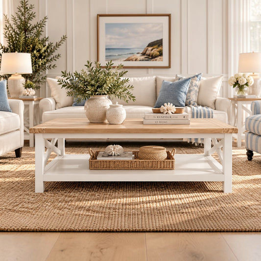 A coastal-style coffee table with a white frame and light natural wood top, styled in a bright, modern living room with a cream sofa, blue pillows, and a woven rug.